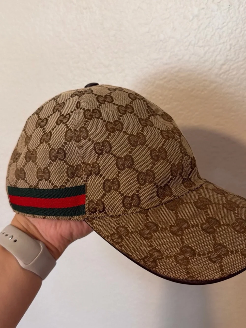 Gucci Brown GG Monogram Baseball Cap with Green & Red Web
